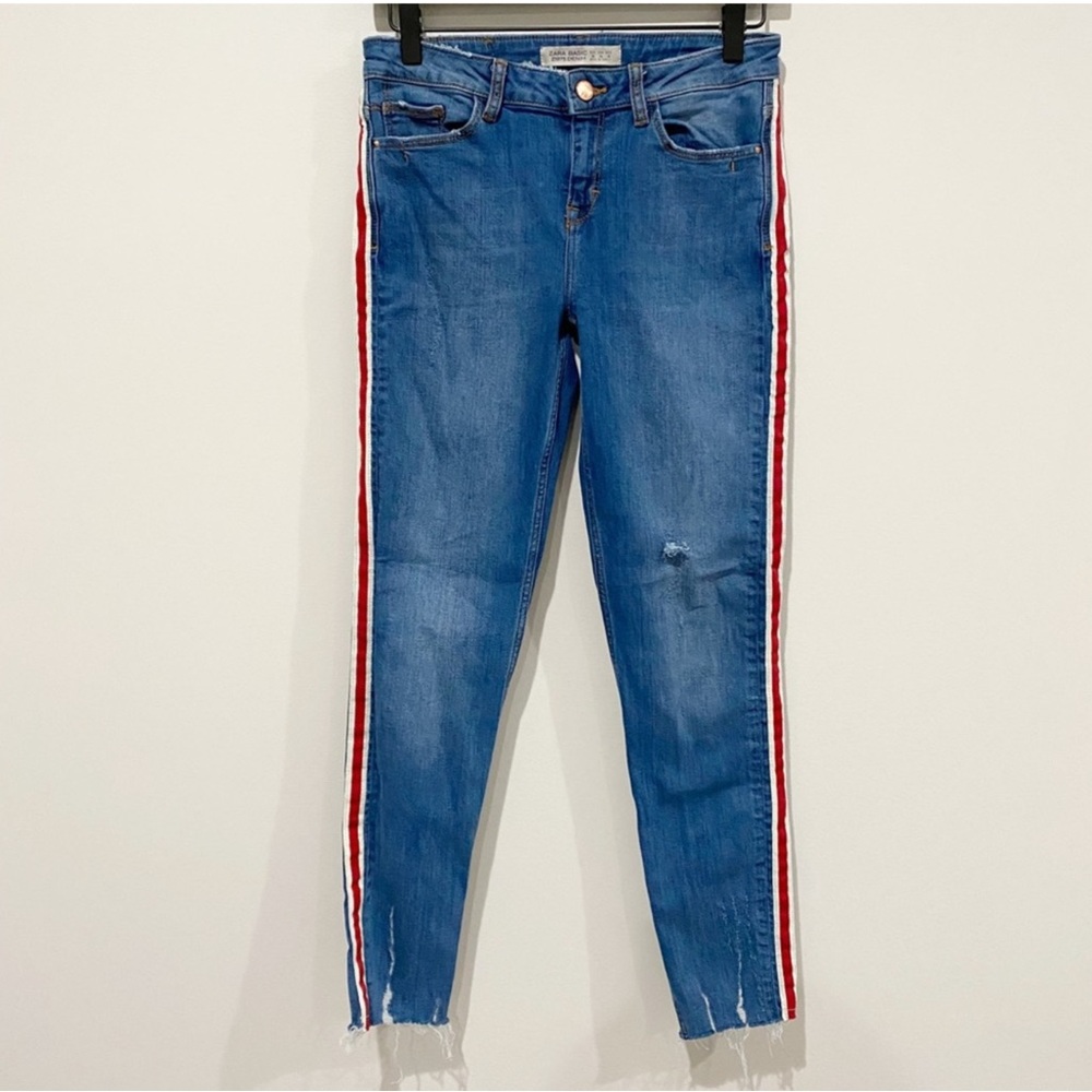 Zara Blue Skinny Jeans with Red Stripes